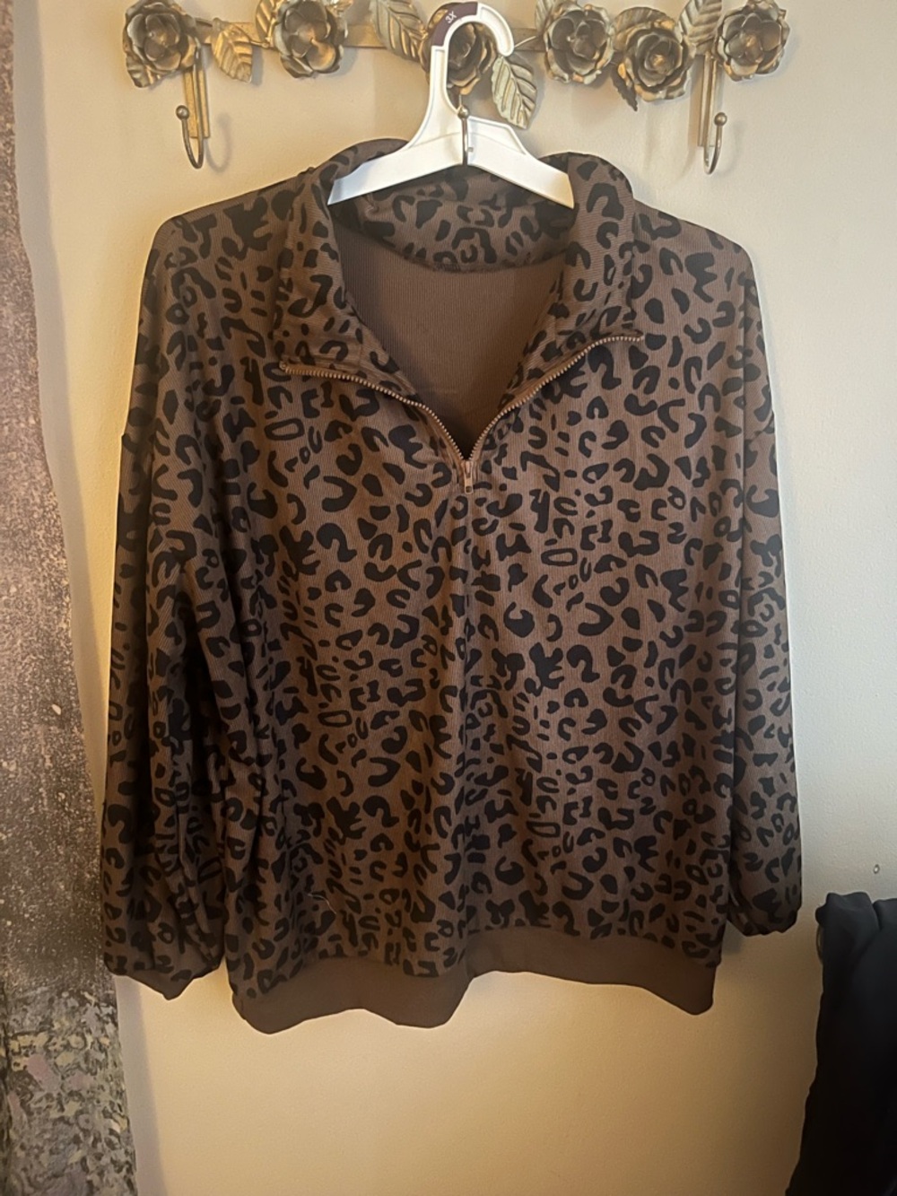 SHEIN Brown Leopard Print Half-Zip Pullover Sweatshirt 3X